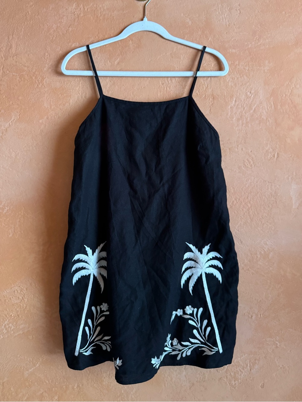 Calypso St. Barth Black Linen Blend Palm Tree Embroidered Slip Dress Medium